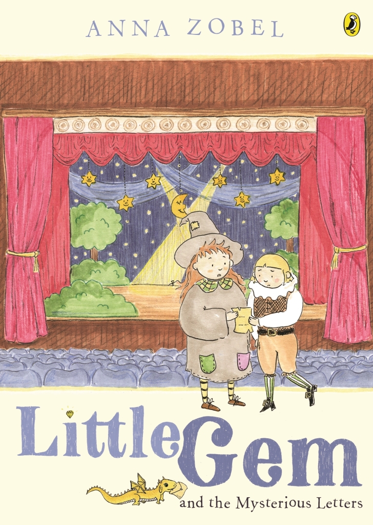 A cover with pink curtains either side of a stage with stars, a moon, and a night sky in front of rows of seats. A witch called Little Gem dressed in a grey dress with purple and green pockets stands with a blonde haired ghost in Elizabethan clothing holding a letter. They stand above a purple title Little Gem and the Mysterious Letters. A gold dragon sits under the purple text. The book is by Anna Zobel. 