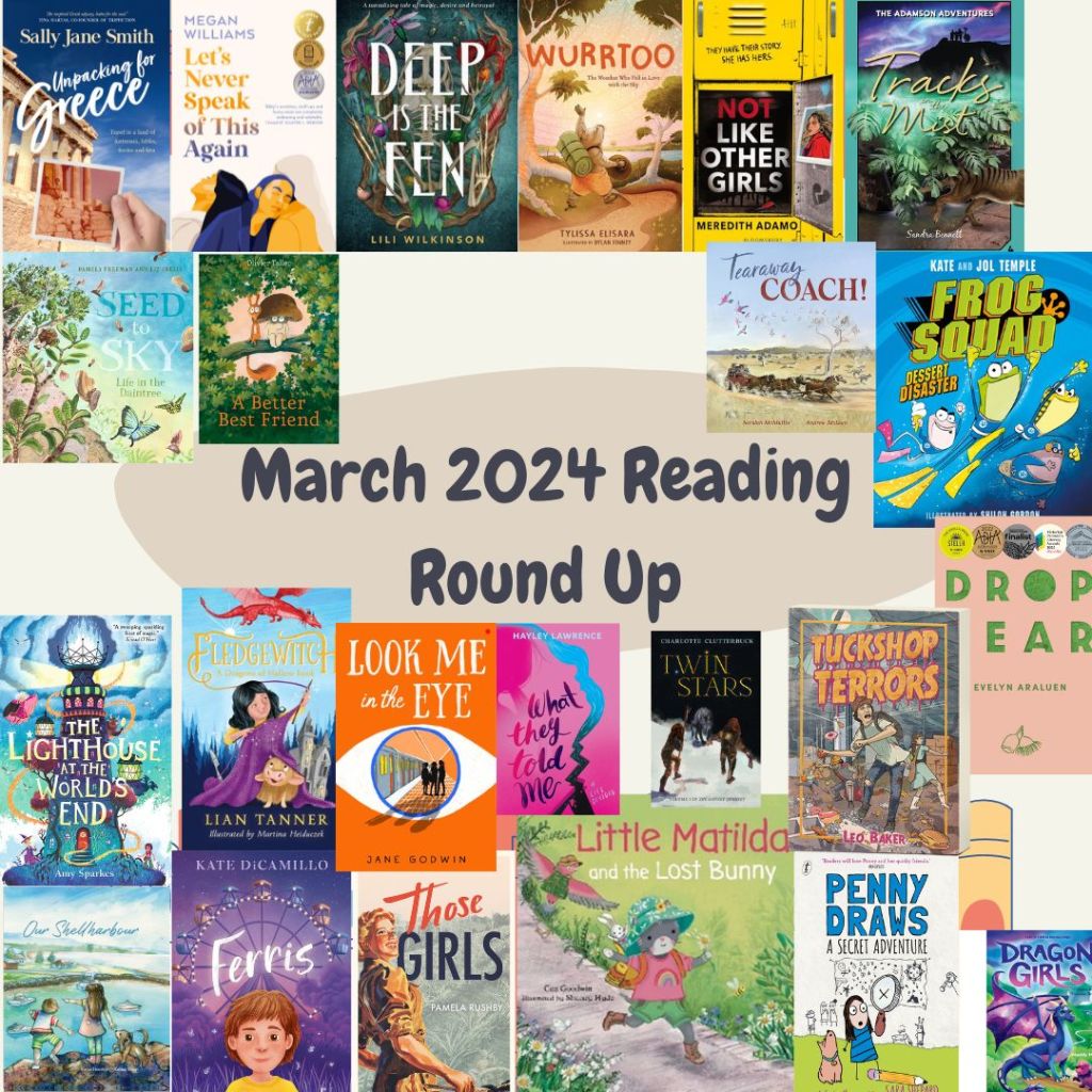 A beige square with 25 colourful book covers in a range of genres and audience groups. It has black text in the middle that says March 2024 Reading Round Up.