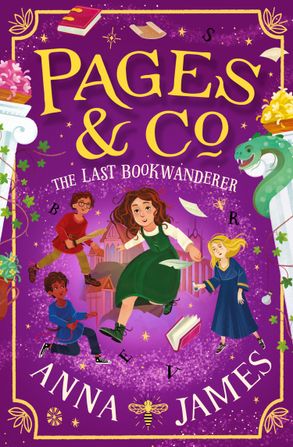A purple cover with four children in medieval clothes surrounded by books, pages, magic and letters in front of a faded castle. Text says Pages and Co: The Last Bookwanderer by Anna James