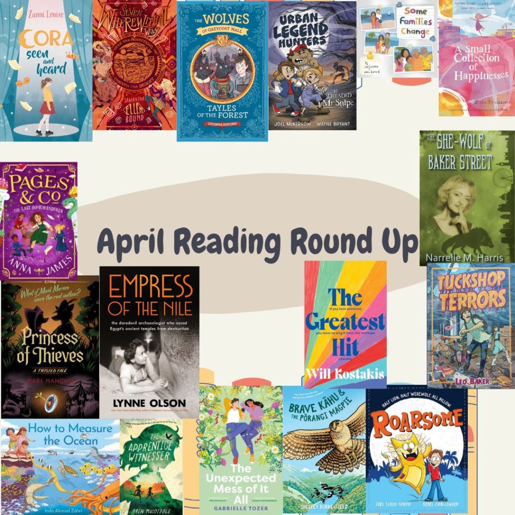 A beige square with 16 colourful book covers in a range of genres and audience groups. It has black text in the middle that says April 2024 Reading Round Up.